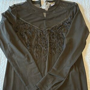 NWT Venus sz large. Black fringe top. Long sleeves.Sheer on very top & sleeves.